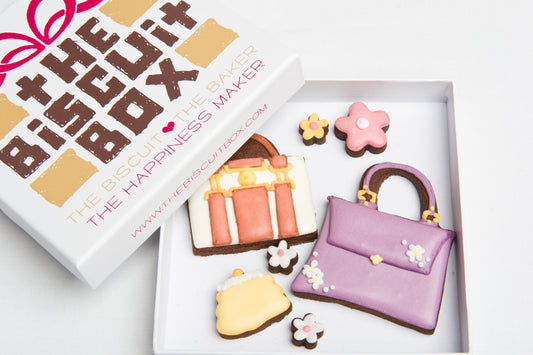 Handbag cookie. Purse biscuits. Fashion biscuits in a box.
