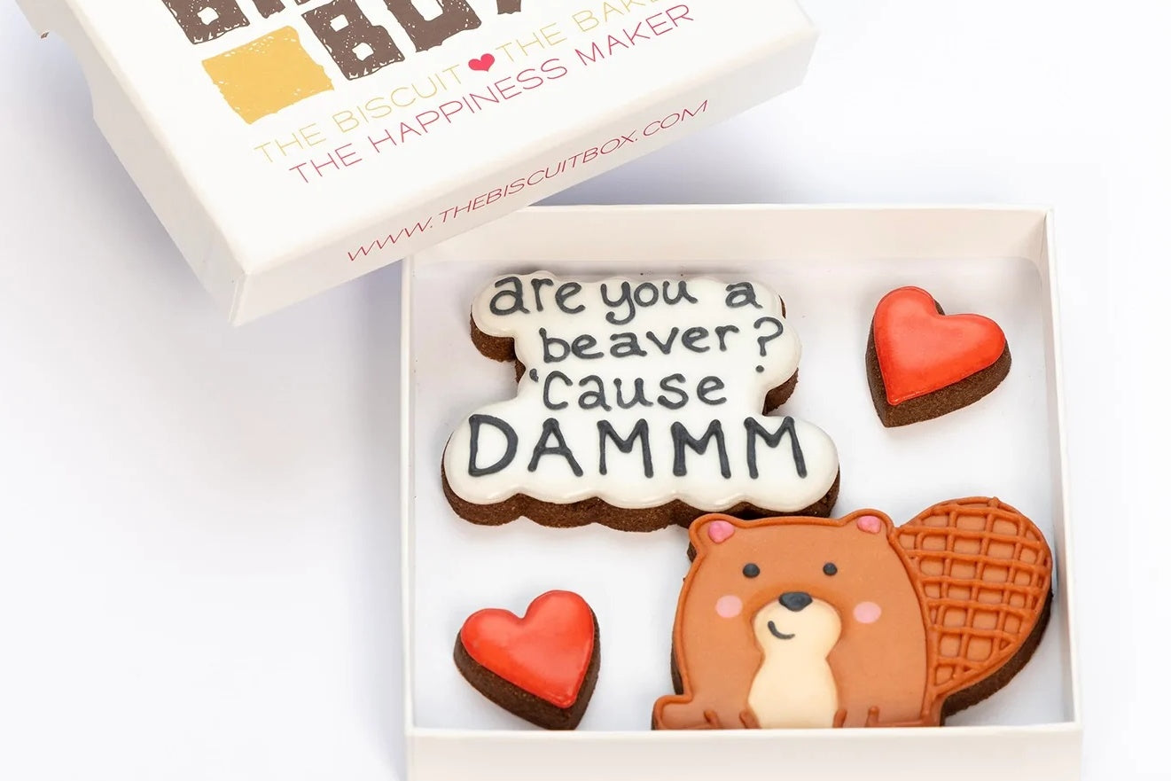beaver iced biscuit that's saying are you a beaver cause damn. Biscuit Valentines gift in a box