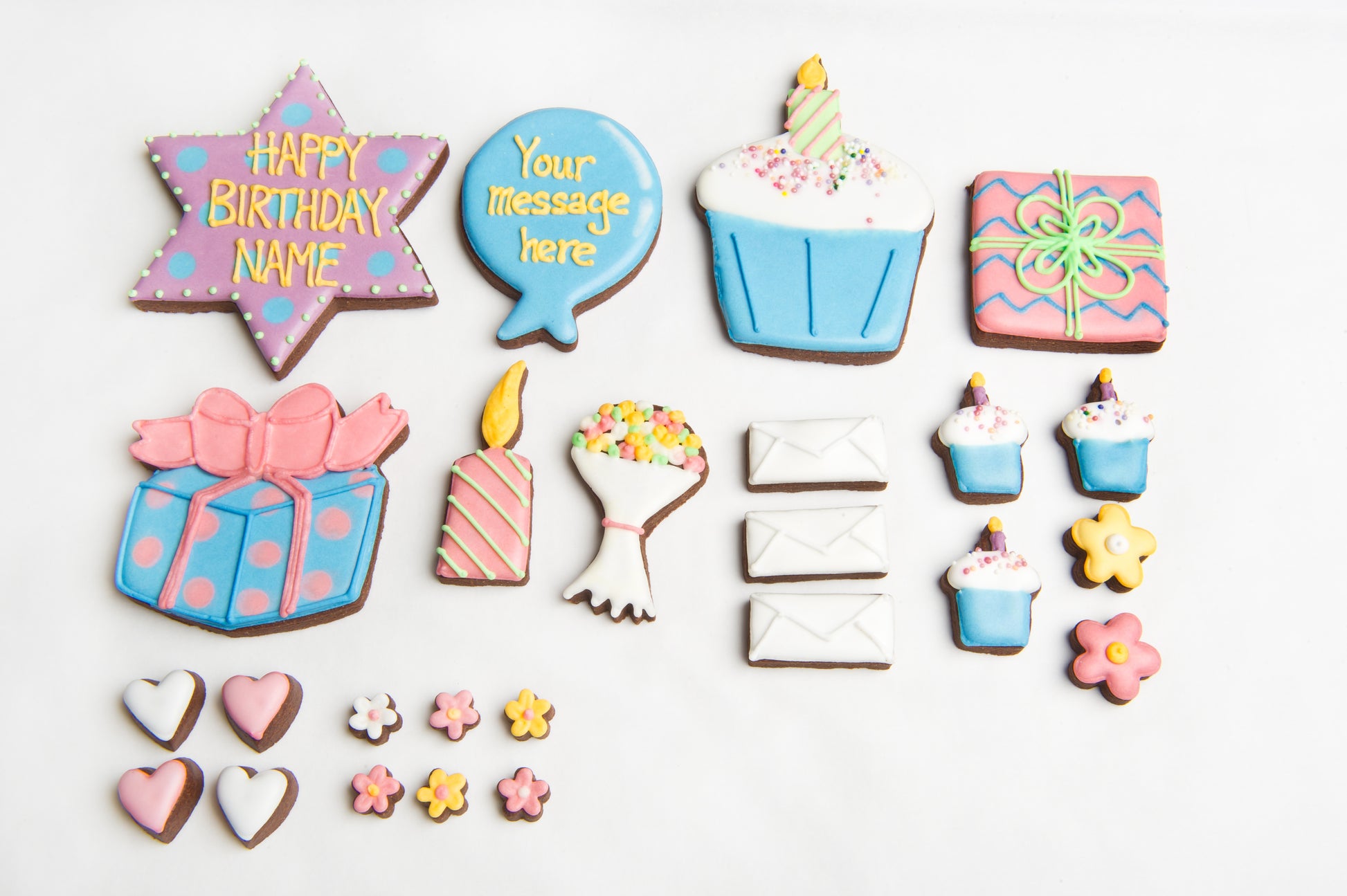 layout of the birthday biscuits. present cookie, balloon cookie, cupcake cookie.
