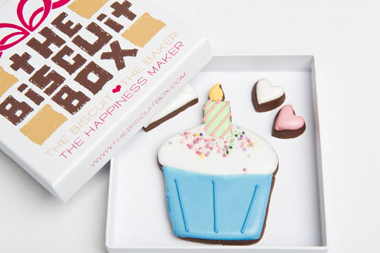 birthday cookie in the shape of a cupcake with candle. luxury iced birthday biscuits in a letterbox sized box to send through the post. 