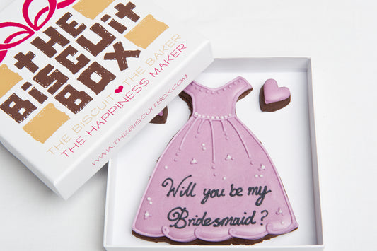 bridesmaid proposal biscuit in a box with two iced heart cookies. Will you be my bridesmaid biscuit gift.