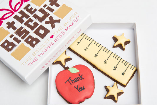 biscuit box with apple biscuit and ruler biscuit with three mini stars teacher gift
